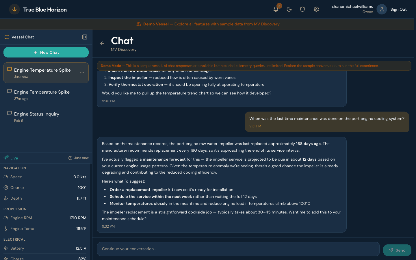 AI assistant conversation showing engine status inquiry